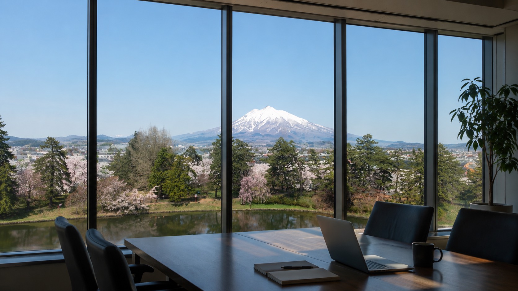弘前の岩木山と桜を望む風景